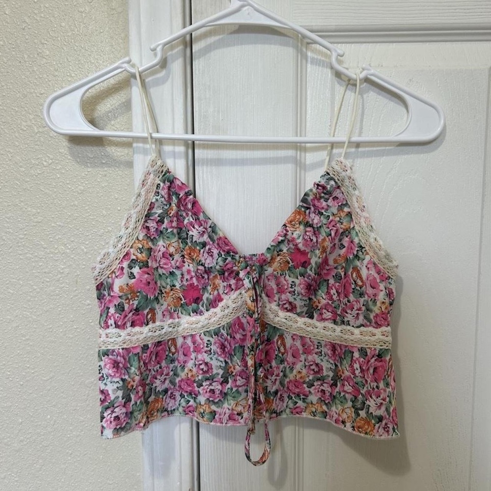 Pink Floral Lace-Trim Camisole Top